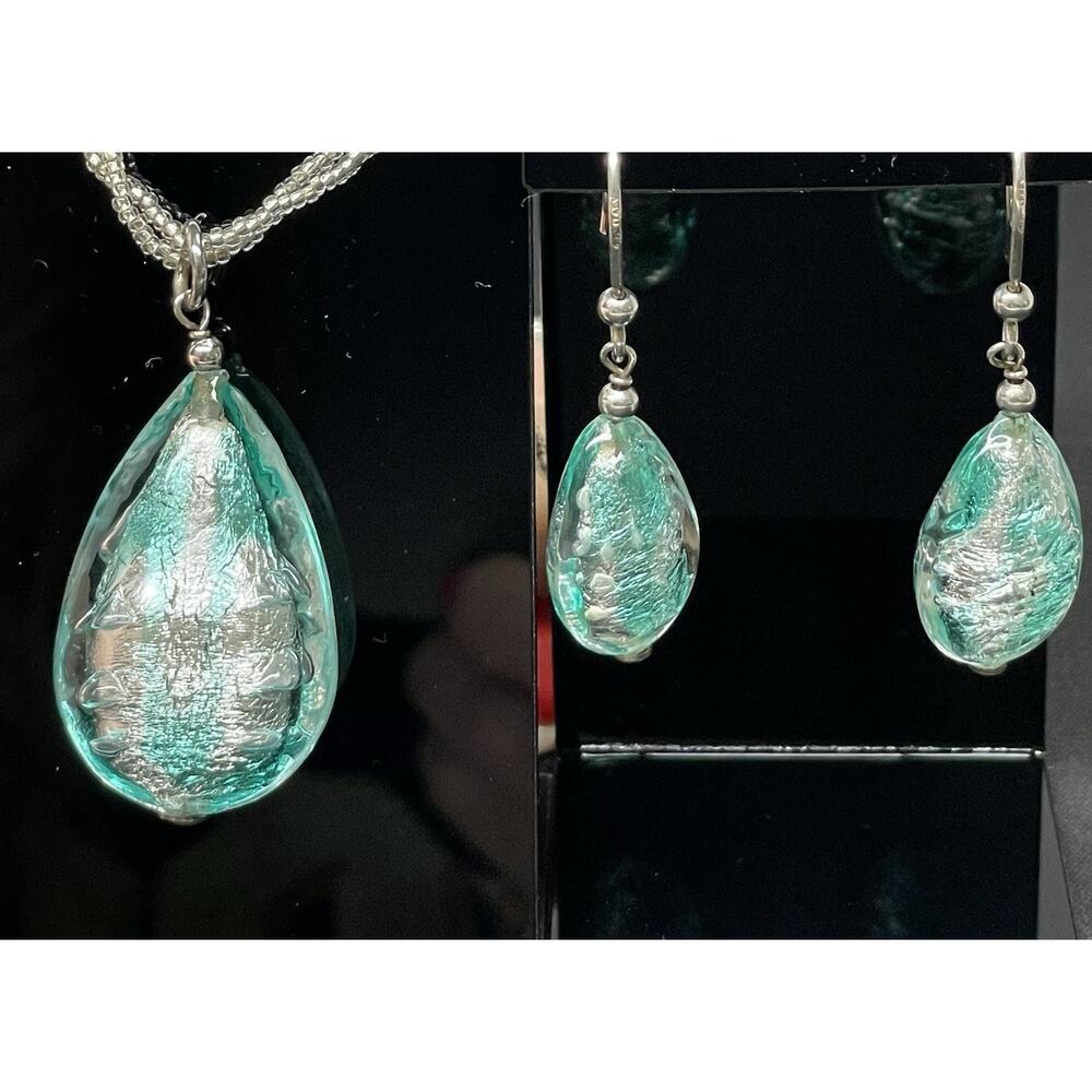Vintage Made Italy 925 Marked Sterling Silver‎ Necklace & Earrings Murano Glass